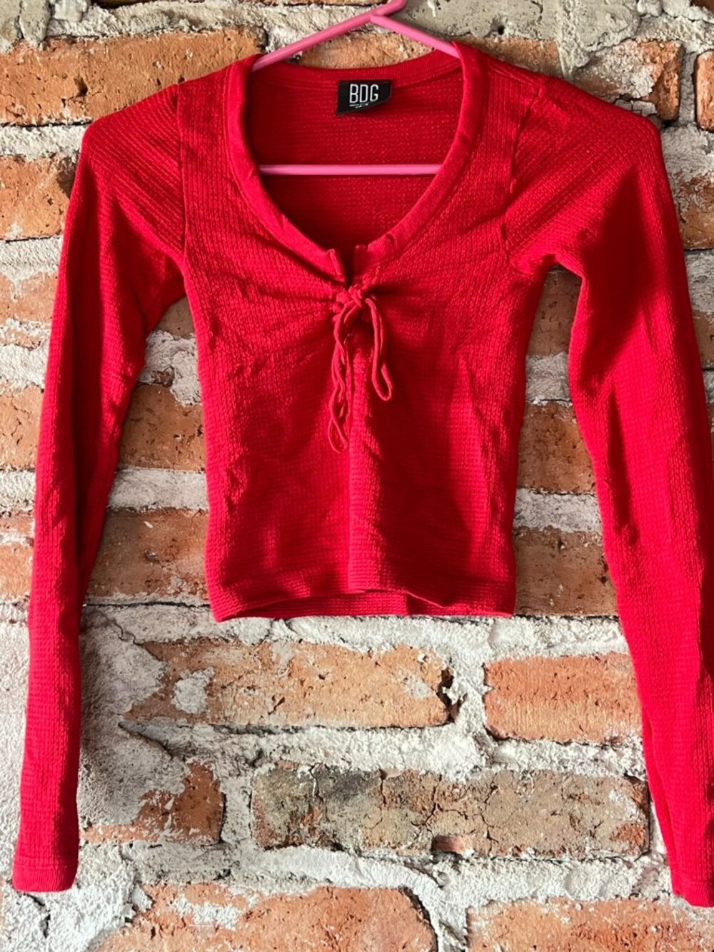 BDG Urban Outfitters Red Front Tie Waffle Knit Long Sleeve Crop Top XS/S